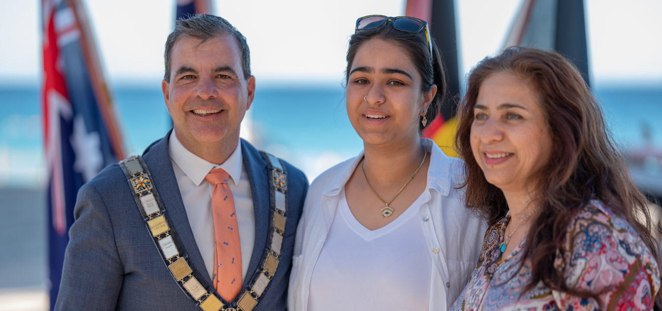 Mayor Mark Irwin, former candidate for Council Marwa Wasique, and Community Citizen of the Year nominee Maria Aziz
