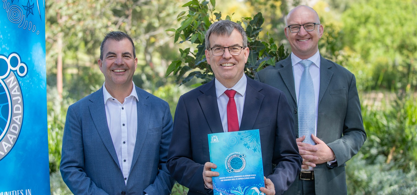 Mayor Mark Irwin, WA Water Minister Dave Kelly MLA and Member for Mount Lawley Simon Millman MLA at Yokine Regional Open Space to launch Kep Katitjin - Gabi Kaadadjan - Waterwise Action Plan 2 and the State Government's funding support for local governments. 