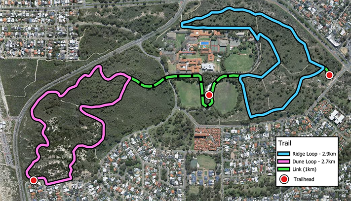 Aerial map of Trigg Bushland Reserve showing the Ridge Loop, Dune Loop and connecting trail, with marked trailheads and route distances.