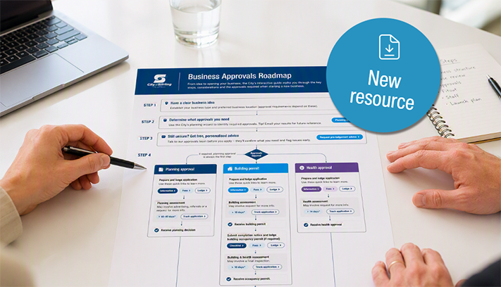 People reviewing a Business Approvals Roadmap document on a table, with a “New resource” graphic highlighting the guide.