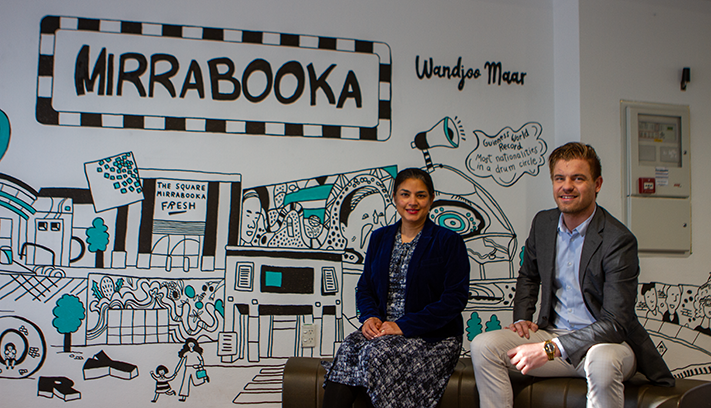 Cr Creado and Cr Dudek in front of the new mural at Mirrabooka Community Hub.