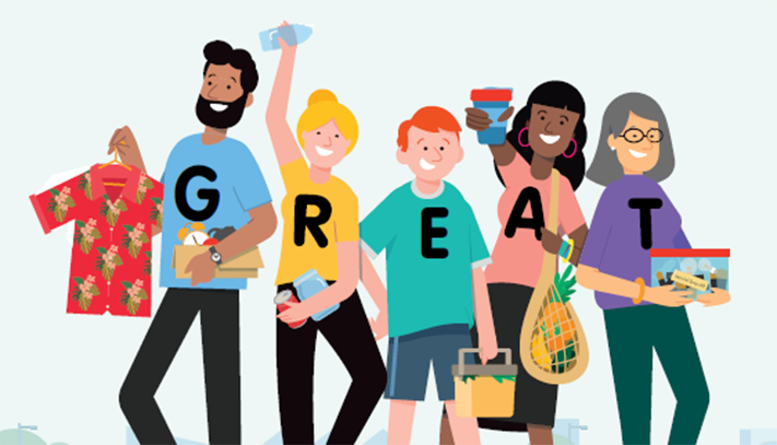Illustrated group of people holding reusable, recyclable and donated items, with the word “GREAT” spelled across their shirts.