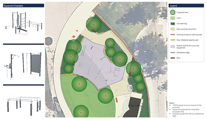 Concept plan showing the layout of a proposed outdoor exercise area, including fitness equipment, pathways, seating, trees and landscaped surrounds.