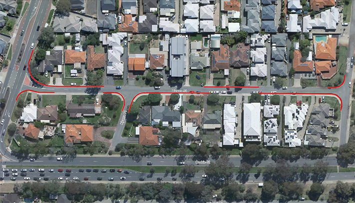 Aerial map showing proposed parking restrictions along Kyarra Street.