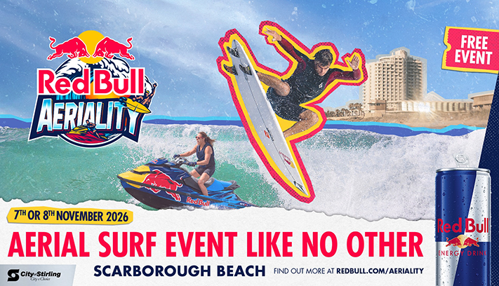 Red Bull Aeriality surf event at Scarborough Beach on 7–8 November 2026, featuring a surfer performing an aerial manoeuvre above a wave, a jet ski rider, and a Red Bull can