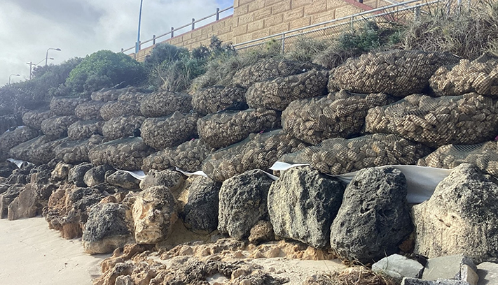Kyowa rock-bags at Hamersley Beach.