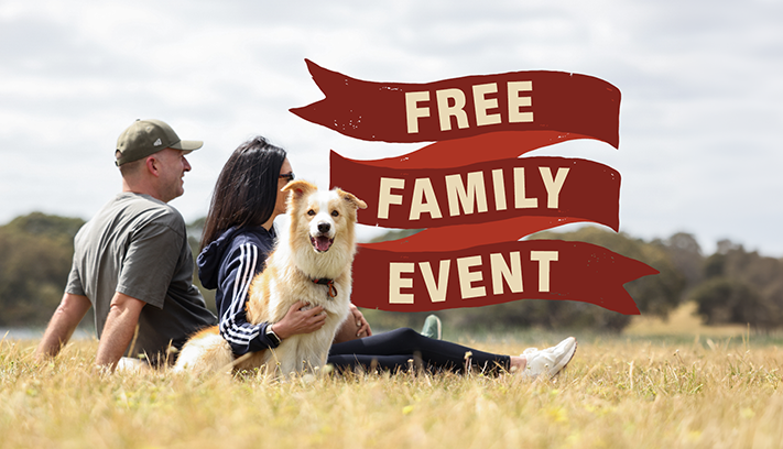 People sitting in a grassy field with a dog, alongside promotional text reading “Free Family Event”.