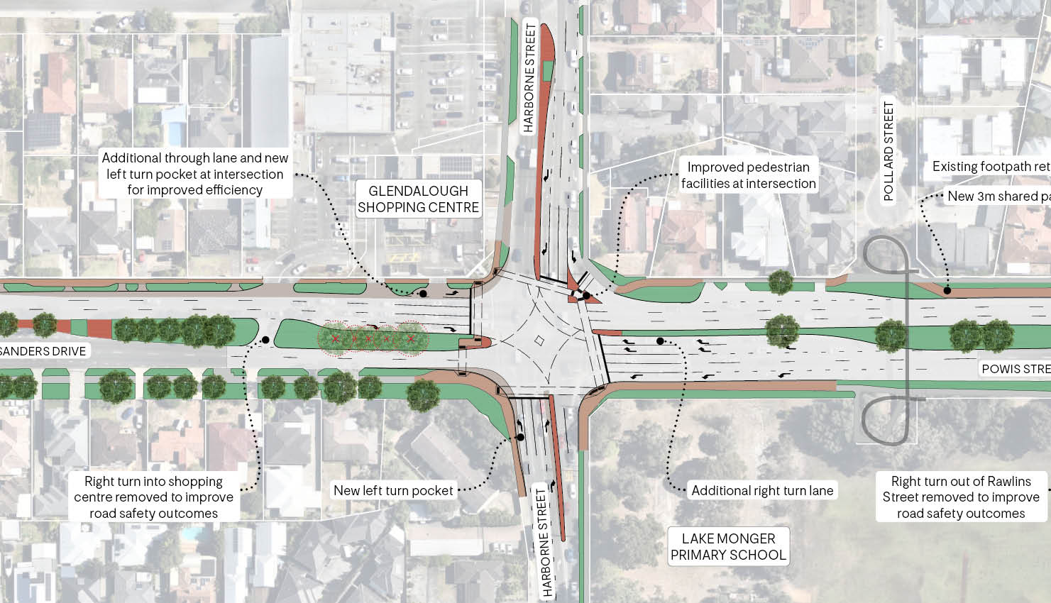 Image depitcting the map of the intersection of Jon Sanders Drive, Powis Street and Harborne,