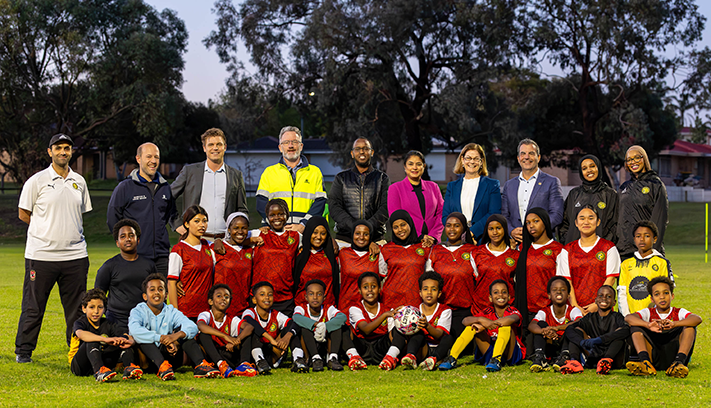 Northern City FC, Minister Meredith Hammat, Mayor Mark Irwin, Balga Ward Councillors Michael Dudek and Andrea Creado and City staff at Fragrant Gardens Reserve.