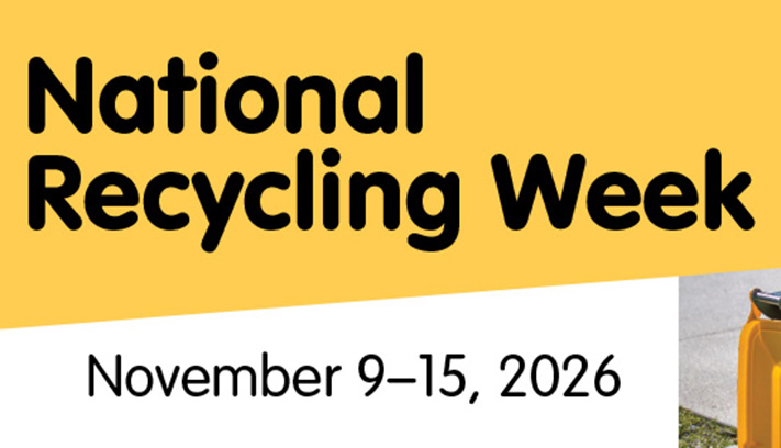 Promotional graphic for National Recycling Week, displaying the dates 9–15 November 2026 on a yellow and white background with a recycling bin partially visible.