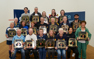 The winners of the 2025 Australian Masters Squash Championships hosted at Squash World Mirrabooka in September.