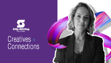 Promotional graphic for Creatives + Connections, featuring City of Stirling branding, a monochrome portrait and a colourful paintbrush-style graphic on a purple background.