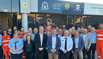 Caption: Mayor Mark Irwin and Councillors Re, Perkov, Olow and Krsticevic with Minister Emergency Services Paul Papalia SCS MLA, DFES Commissioner Darren Klemm, Stirling SES Rescue Team Leader Peter D
