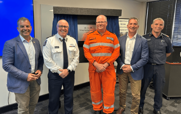 Mayor Mark Irwin, DFES Commissioner Darren Klemm, Stirling SES Rescue Team Leader Peter Davis, Minister Paul Papalia SCS MLA and DFES Superintendent Metropolitan North Coastal Andrew Duckworth.