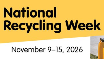 Promotional graphic for National Recycling Week, displaying the dates 9–15 November 2026 on a yellow and white background with a recycling bin partially visible.