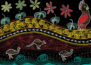 Djilba (first spring) by Teresa Miller. Aboriginal-style artwork depicting native birds, wildflowers and landscape patterns in bright colours on a black background.